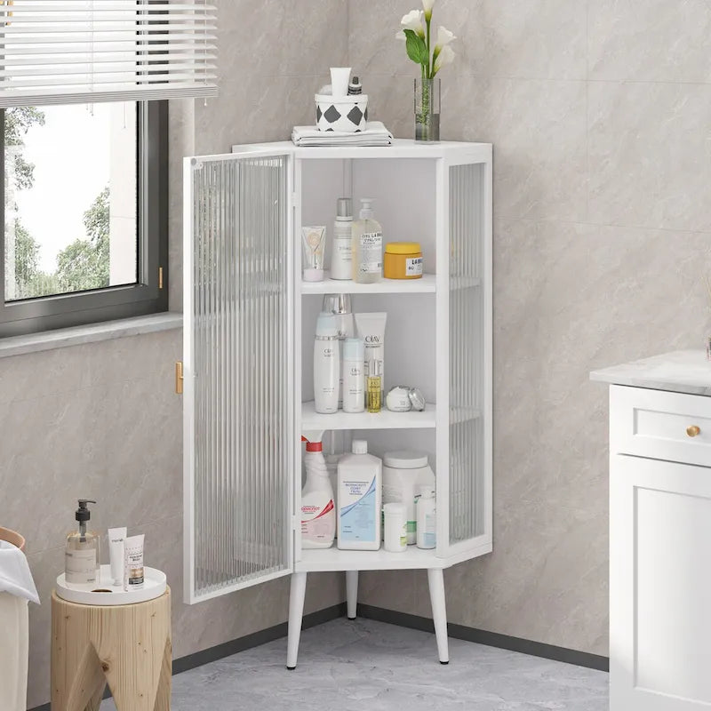 White Three-Tier Corner Cabinet with Tempered Glass Door and Shelves