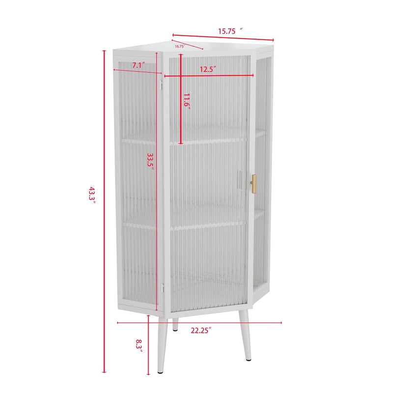 Weißer Eckschrank mit drei Ebenen, Tür aus gehärtetem Glas und Einlegeböden