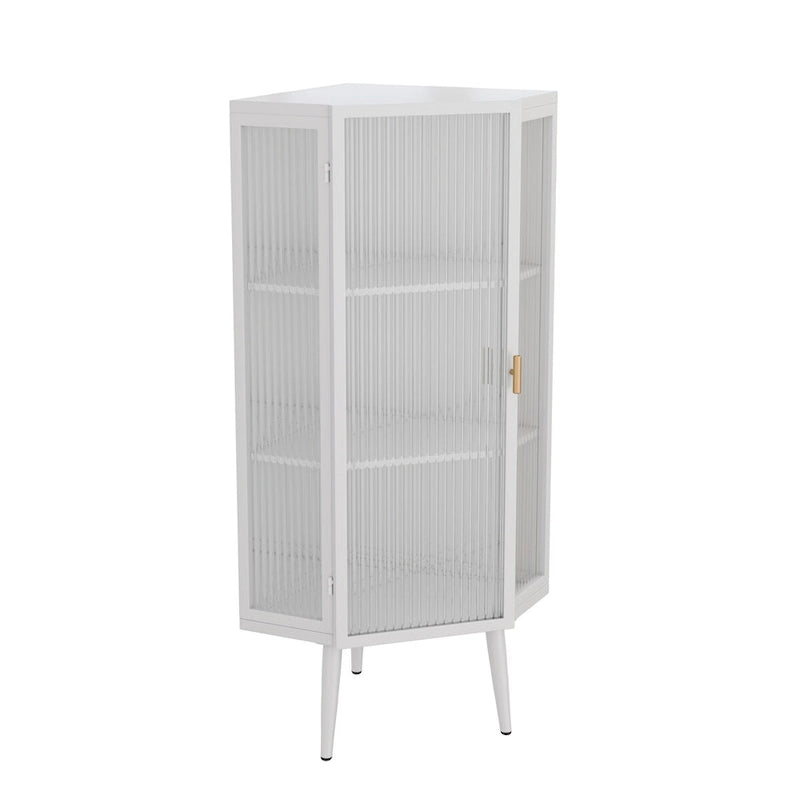 Weißer Eckschrank mit drei Ebenen, Tür aus gehärtetem Glas und Einlegeböden