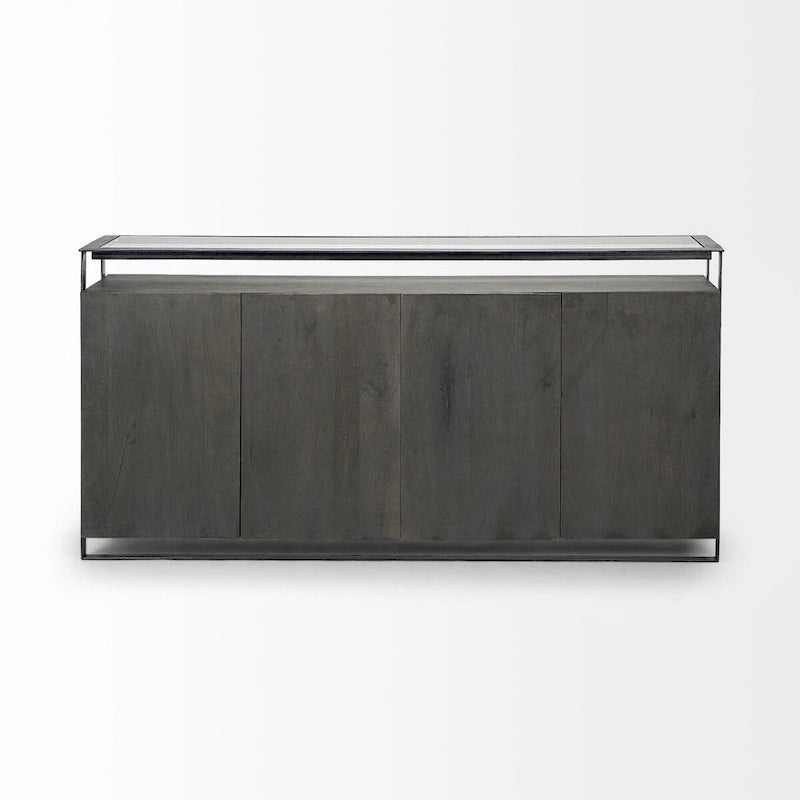 Credenza a quattro ante in legno massello con piano in vetro e struttura metallica