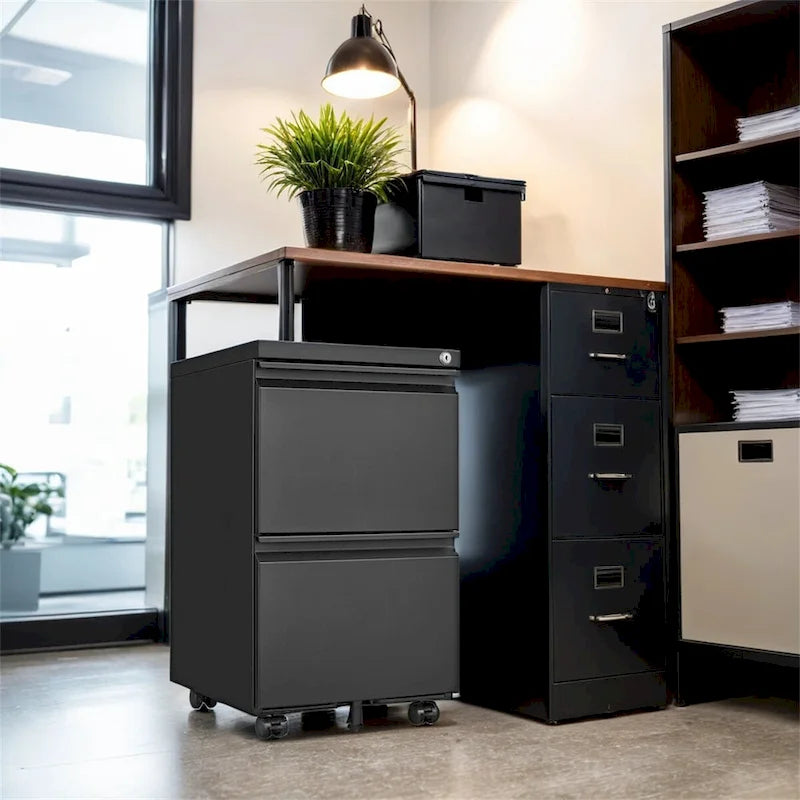 2 Drawer File Cabinet w/Lock,Metal Under Desk Rolling Filing Cabinet