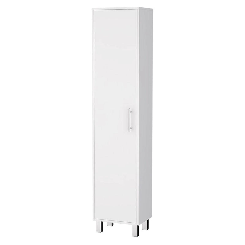 Mueble de almacenamiento blanco con cinco estantes y una puerta