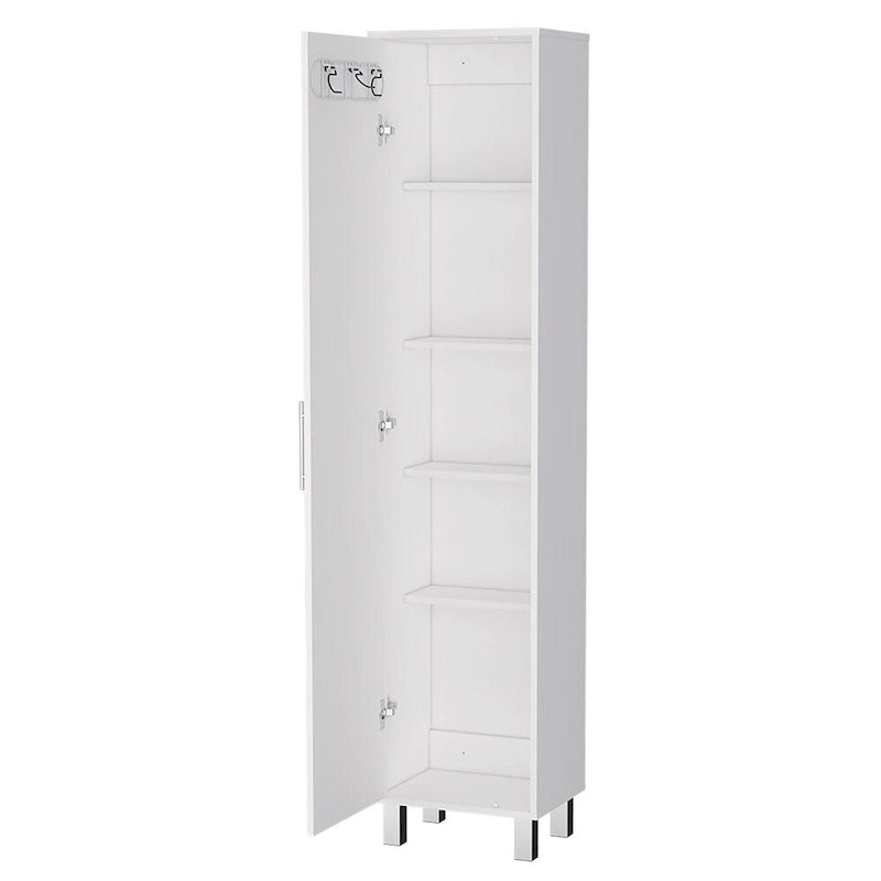 Mueble de almacenamiento blanco con cinco estantes y una puerta