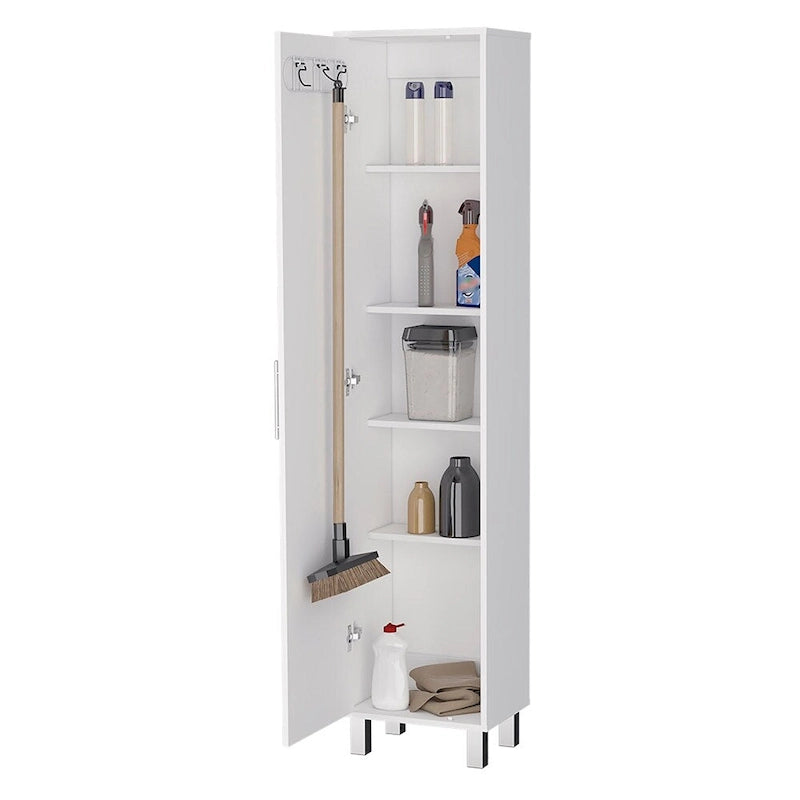 Mueble de almacenamiento blanco con cinco estantes y una puerta