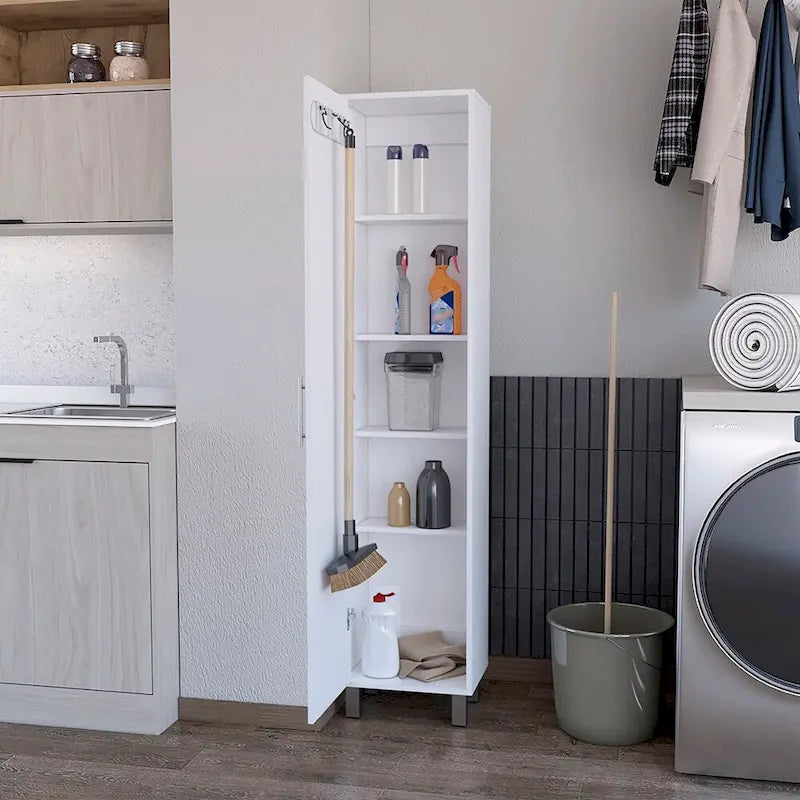 White Storage Cabinet with Five Shelves and Single Door