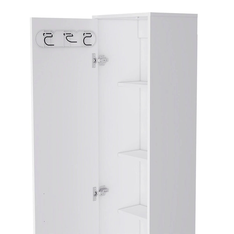 Mueble de almacenamiento blanco con cinco estantes y una puerta