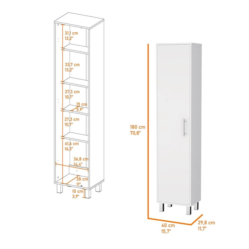 Mueble de almacenamiento blanco con cinco estantes y una puerta
