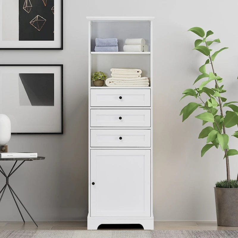 Mueble clásico de almacenamiento para baño con estante abierto y tres cajones