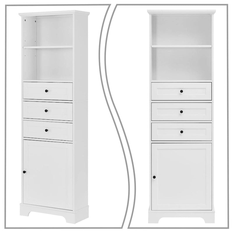 Mueble clásico de almacenamiento para baño con estante abierto y tres cajones