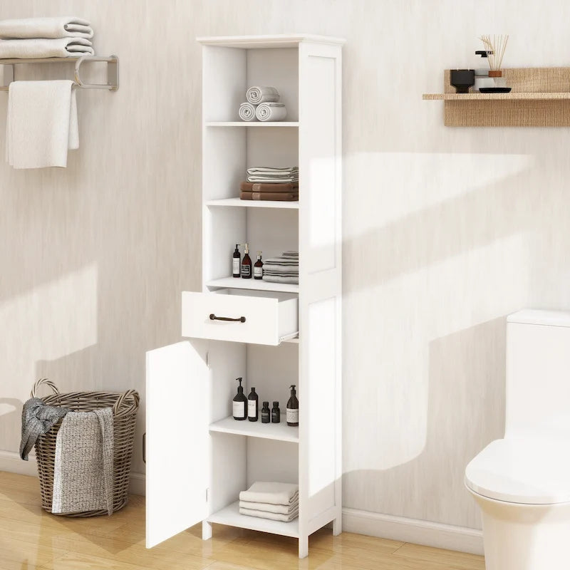 Hoher weißer Badezimmerschrank mit Tür und Schublade