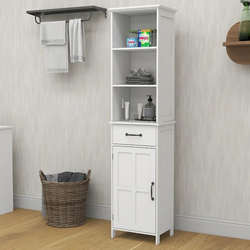 Hoher weißer Badezimmerschrank mit Tür und Schublade
