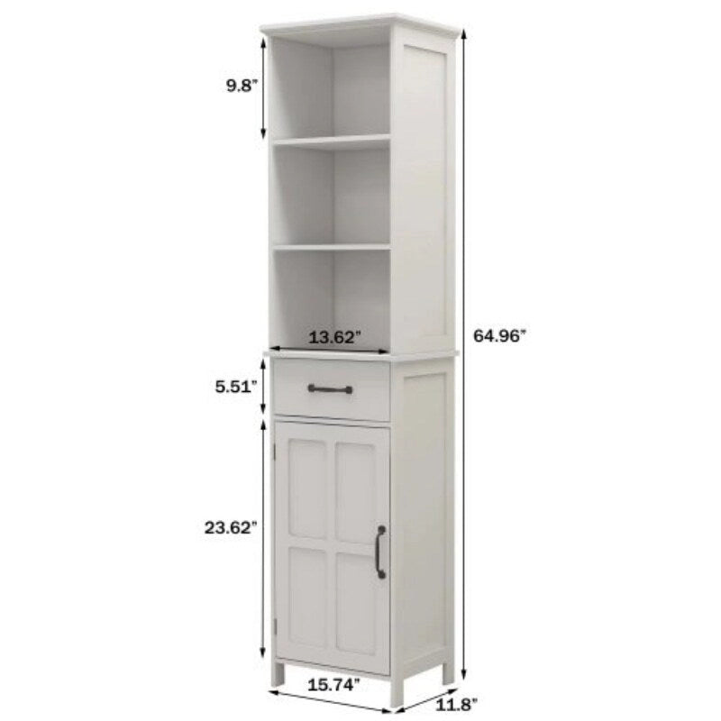 Tall White Bathroom Storage Cabinet with Door and Drawer