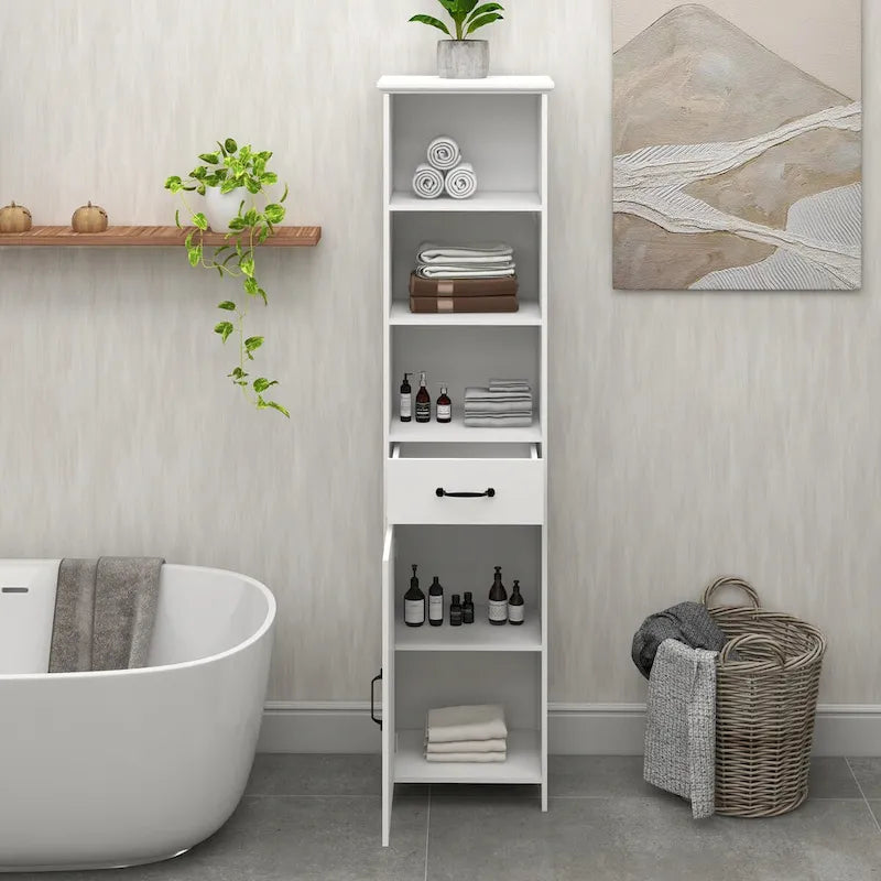 Hoher weißer Badezimmerschrank mit Tür und Schublade