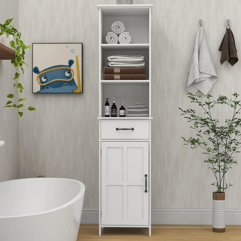 Hoher weißer Badezimmerschrank mit Tür und Schublade