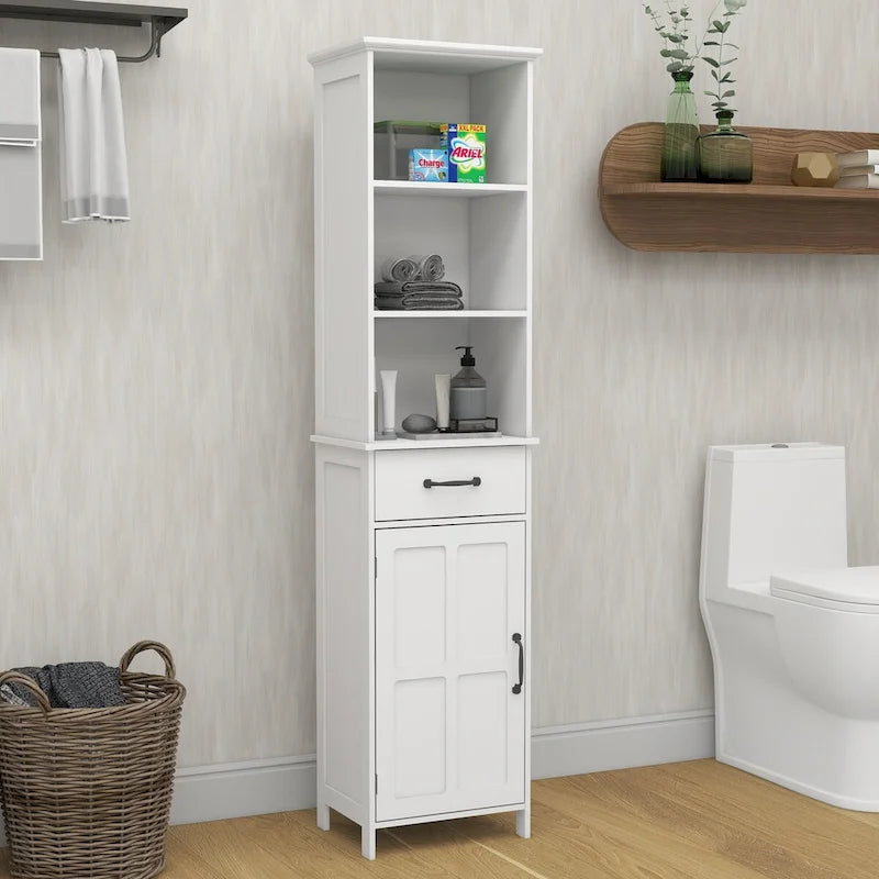 Tall White Bathroom Storage Cabinet with Door and Drawer