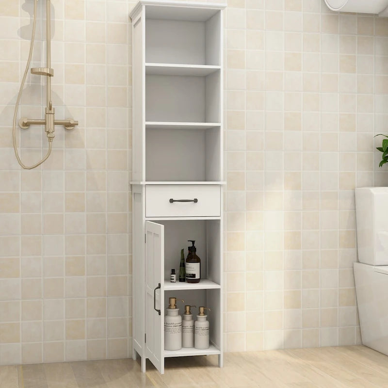 Tall White Bathroom Storage Cabinet with Door and Drawer