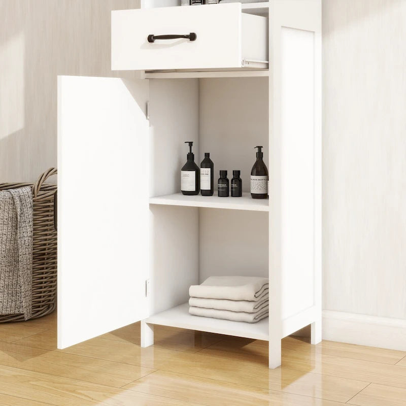 Tall White Bathroom Storage Cabinet with Door and Drawer