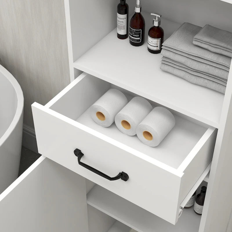 Tall White Bathroom Storage Cabinet with Door and Drawer