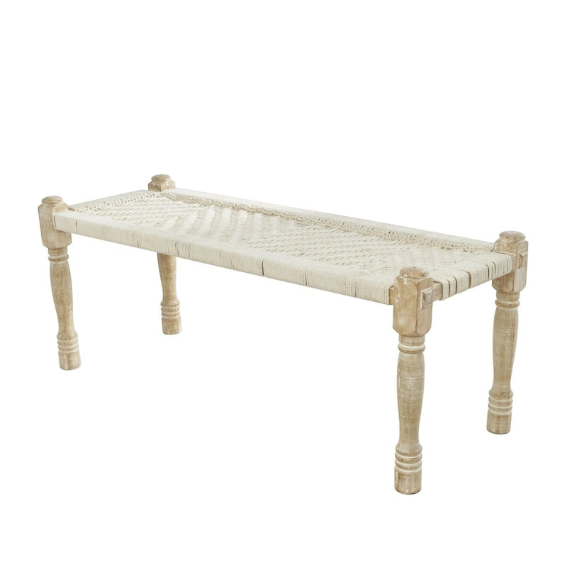 Beige gewebte Baumwollbank mit Chevron-Muster und hellbraunen Beinen aus Mangoholz