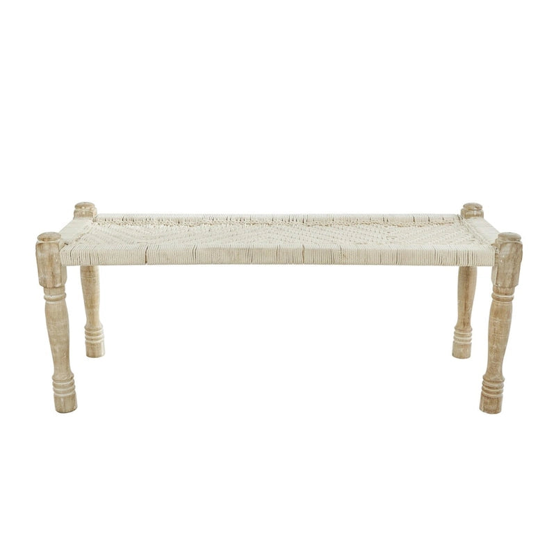 Beige gewebte Baumwollbank mit Chevron-Muster und hellbraunen Beinen aus Mangoholz