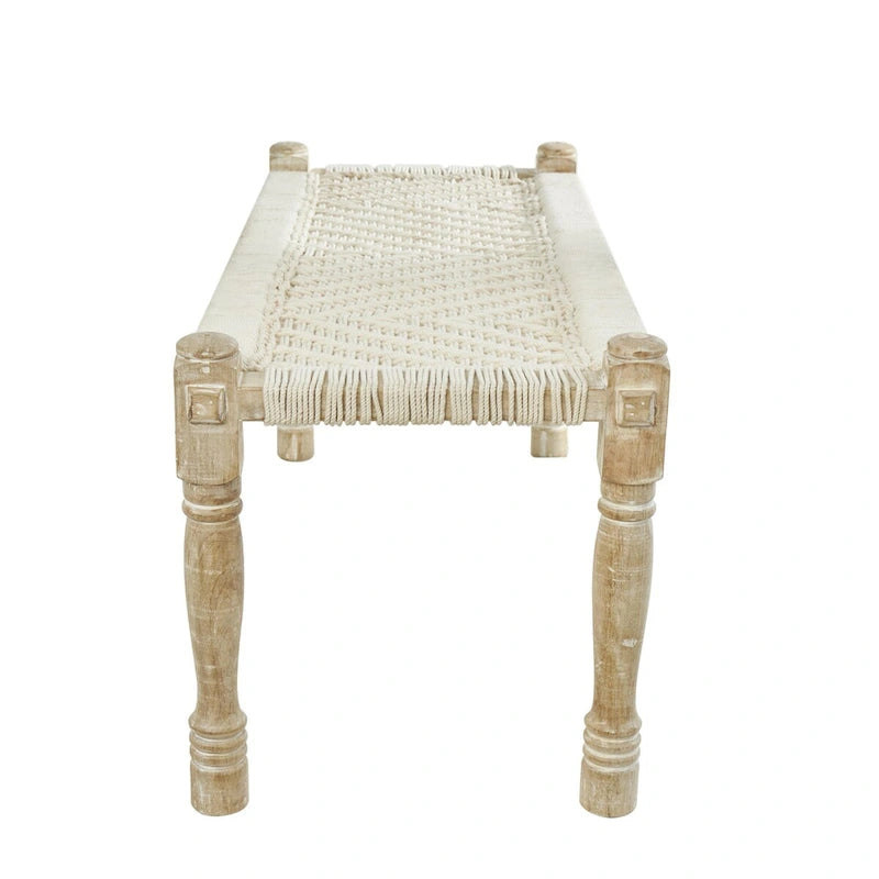Beige gewebte Baumwollbank mit Chevron-Muster und hellbraunen Beinen aus Mangoholz