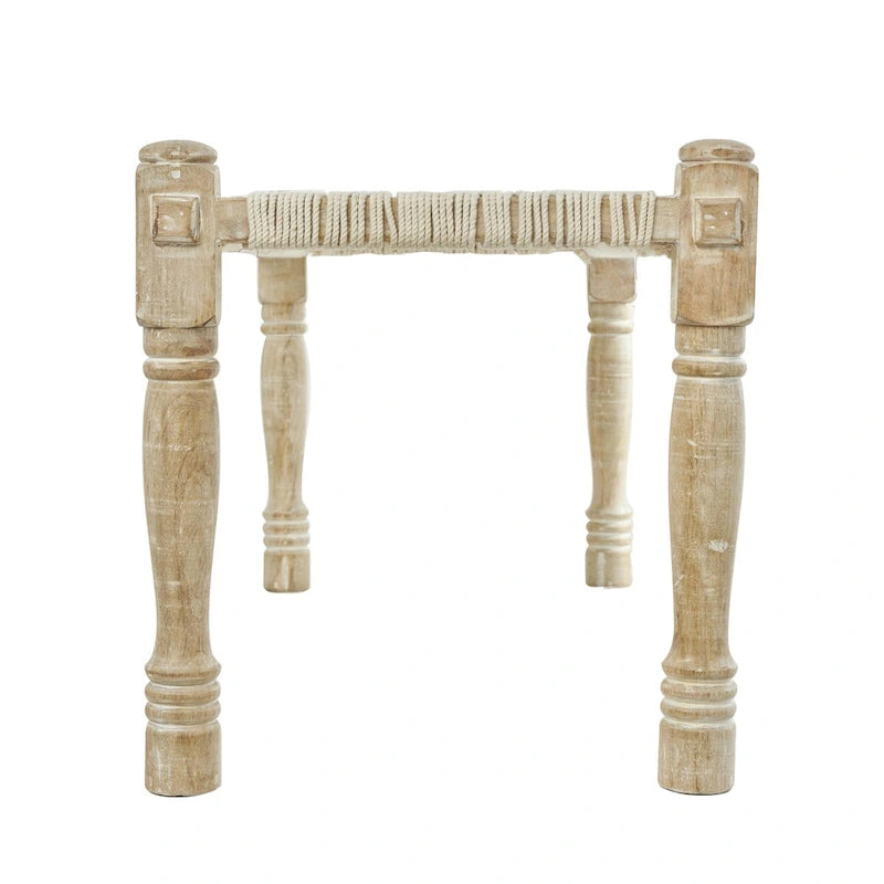 Beige gewebte Baumwollbank mit Chevron-Muster und hellbraunen Beinen aus Mangoholz