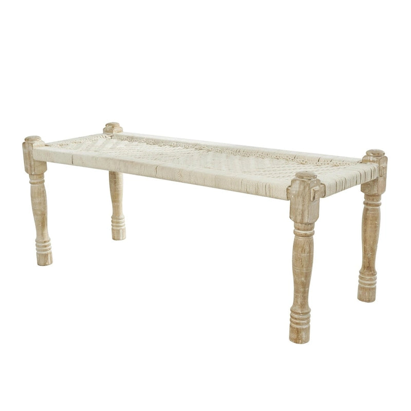 Beige gewebte Baumwollbank mit Chevron-Muster und hellbraunen Beinen aus Mangoholz