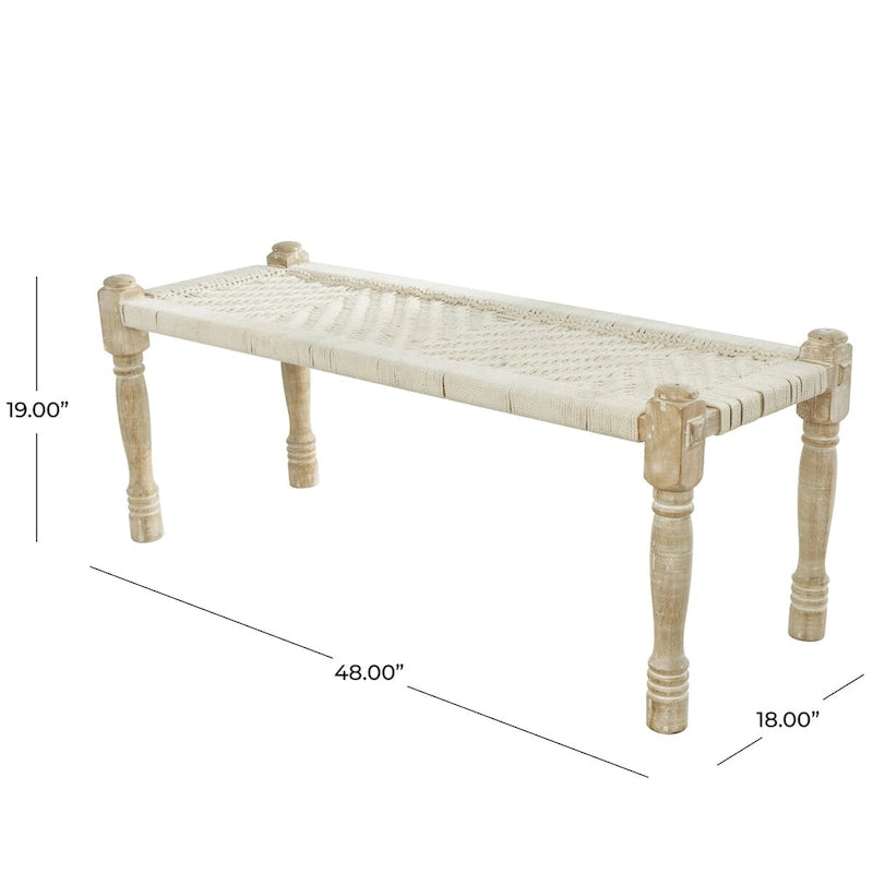 Beige gewebte Baumwollbank mit Chevron-Muster und hellbraunen Beinen aus Mangoholz