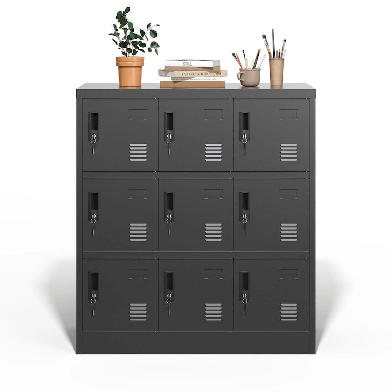 Schwarzer Stahlschrank mit 9 Türen und Kartenfächern