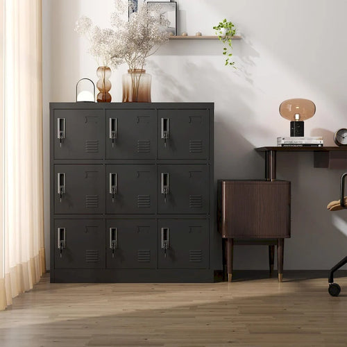Schwarzer Stahlschrank mit 9 Türen und Kartenfächern