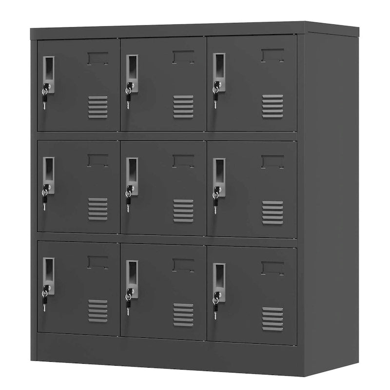 Taquilla de almacenamiento de acero negra con 9 puertas y ranuras para tarjetas