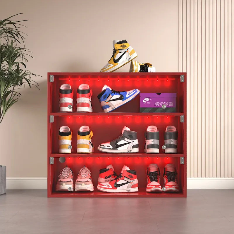 Red Three-Tier LED Shoe Cabinet with Sliding Glass Doors