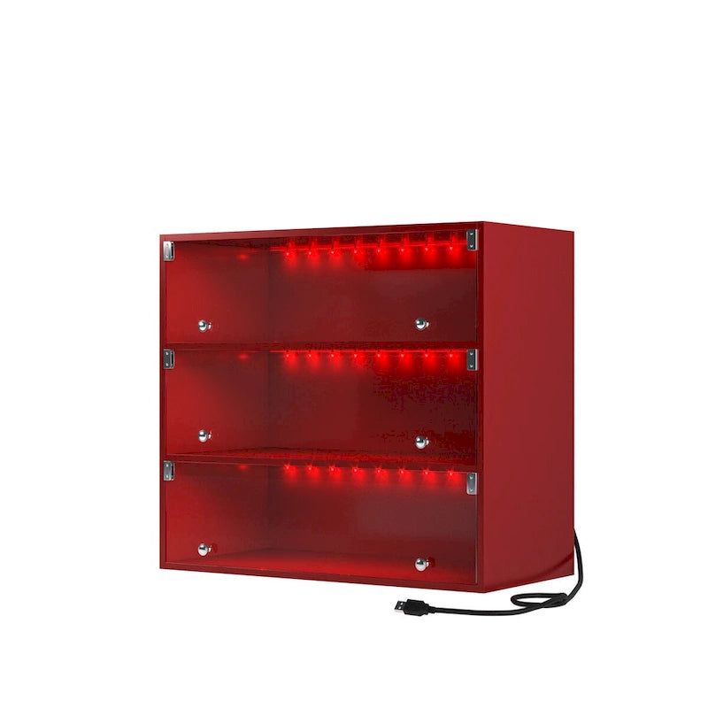 Red Three-Tier LED Shoe Cabinet with Sliding Glass Doors