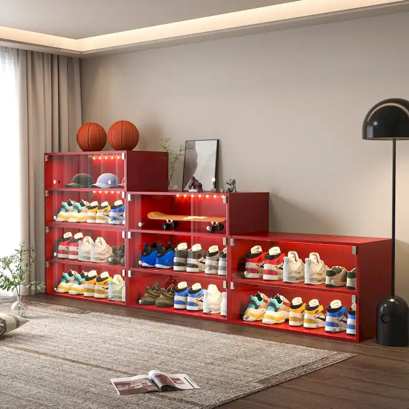 Red Three-Tier LED Shoe Cabinet with Sliding Glass Doors