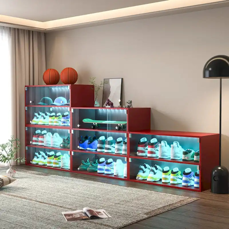 Red Three-Tier LED Shoe Cabinet with Sliding Glass Doors